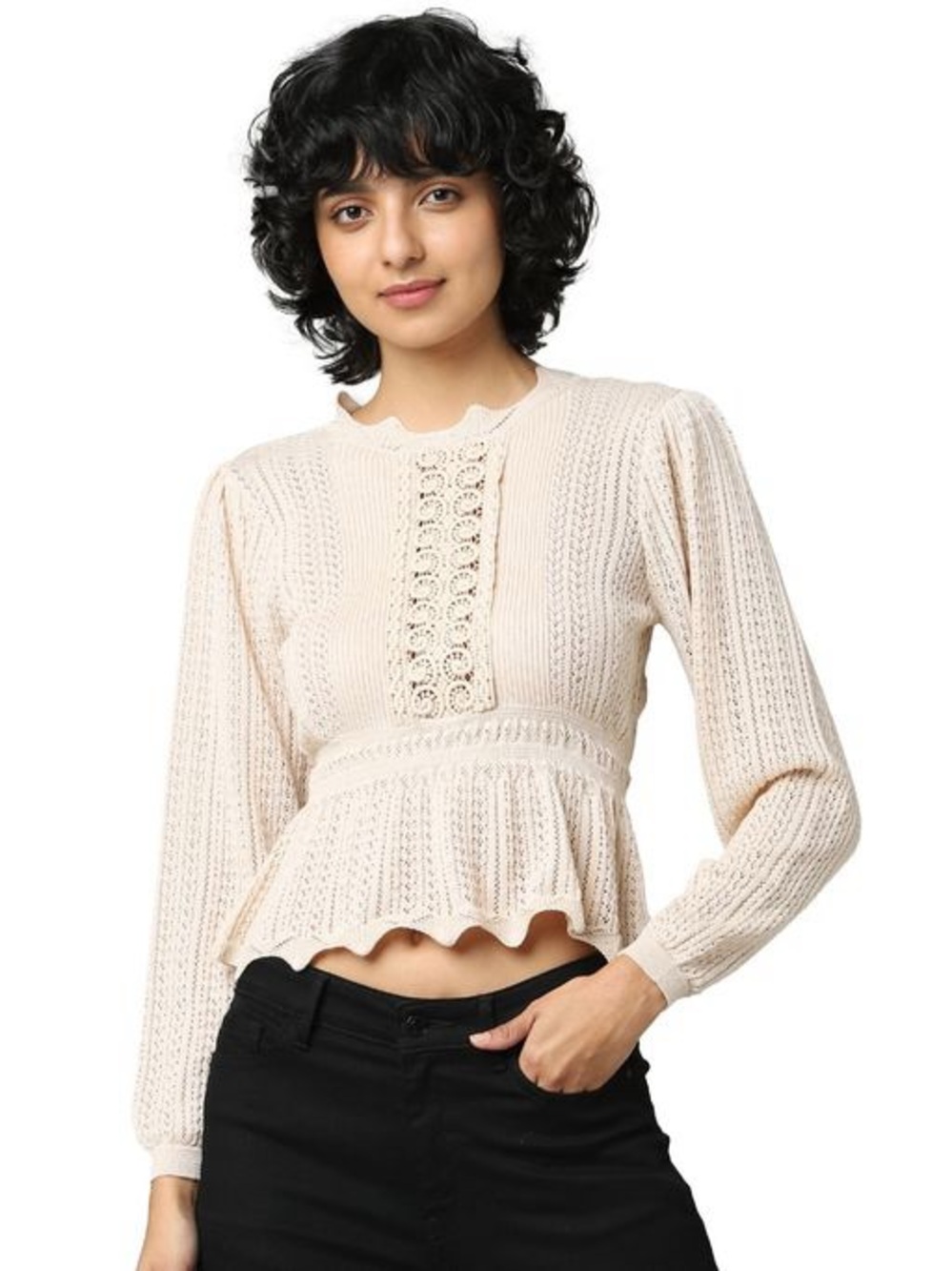 Only Cream Pointelle Knit and Crochet Peplum Top Size Medium